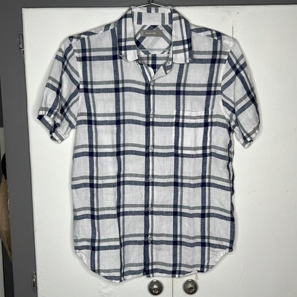 Everlane Mens Linen Casual Button Up Shirt Plaid Blue size Small